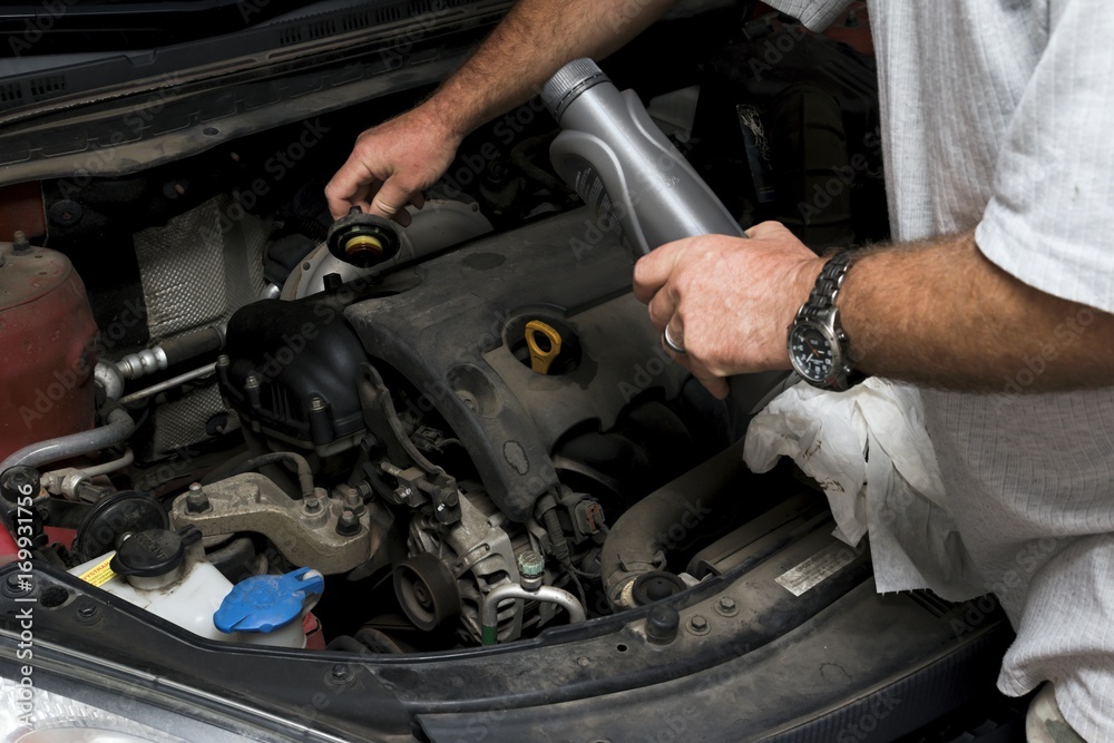 The mechanic fixes the vehicle's engine The mechanic fixes the vehicle's engine