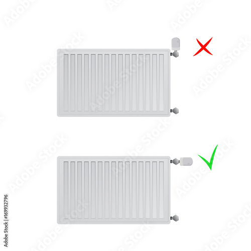 Steel panel radiators vector illustration. Correct and incorrect location of the thermal head.