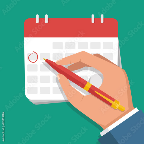 Vector flat illustration. Businessman hand with pen marks on the calendar.