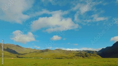 view of the neighbourhood of volcano Eyjafjallajokull in sunny weather, panorama photo