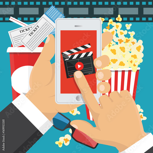 On line order of cinema tickets. Smartphone application. Vector illustration.