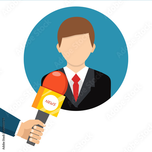 Businessman gives a reporter interview. Press conference. Live report, live news concept. Vector illustration