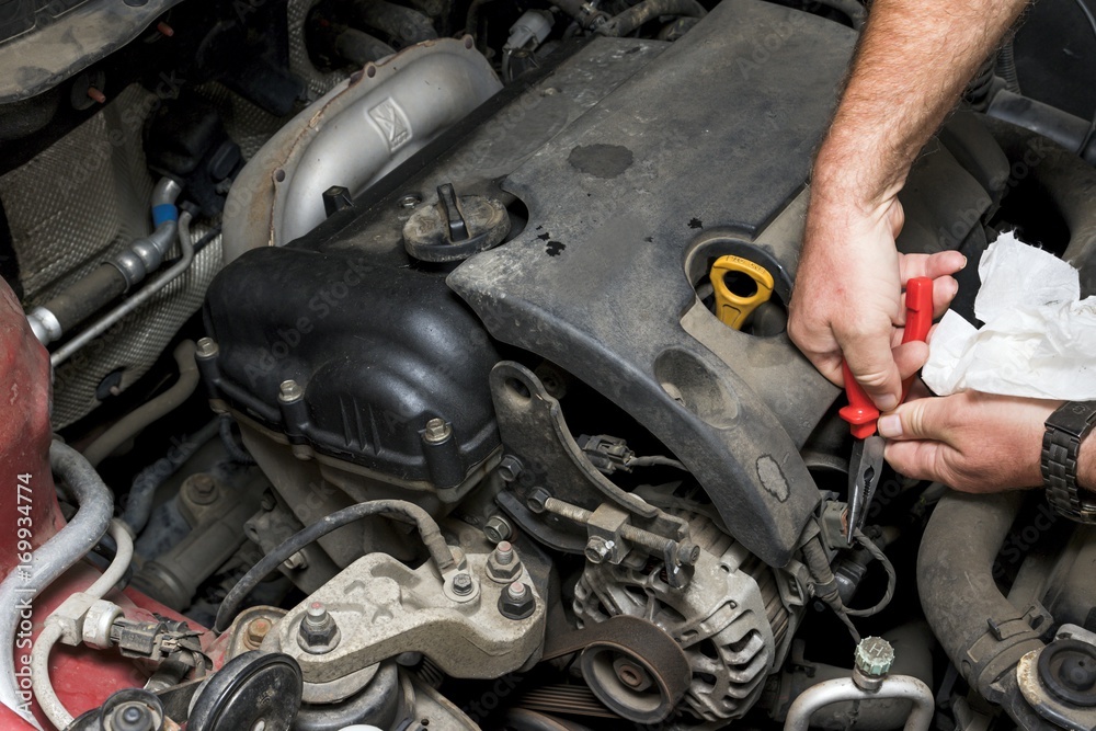 The mechanic fixes the vehicle's engine The mechanic fixes the vehicle's engine