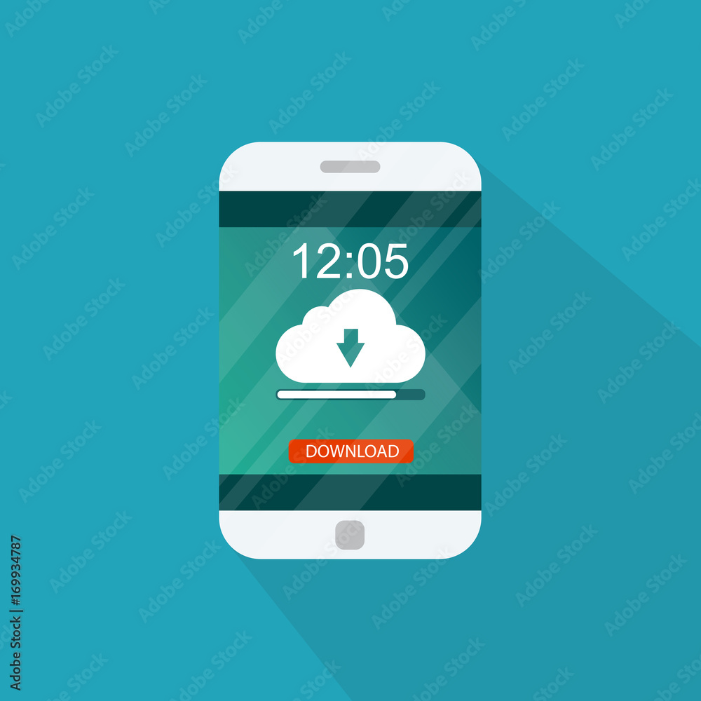 Downloading document, infographics. Flat design. File download concept button on smartphone screen. Vector Downloading document, infographics. Flat design. File download concept button on smartphone screen. Vector