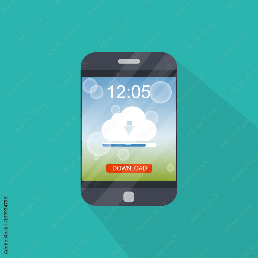 Downloading document, infographics. Flat design. File download concept button on smartphone screen. Vector Downloading document, infographics. Flat design. File download concept button on smartphone screen. Vector