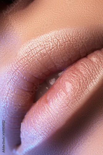 Closeup plump Lips. Lip Care, Augmentation, Fillers. Macro photo with Face detail. Natural shape with perfect contour