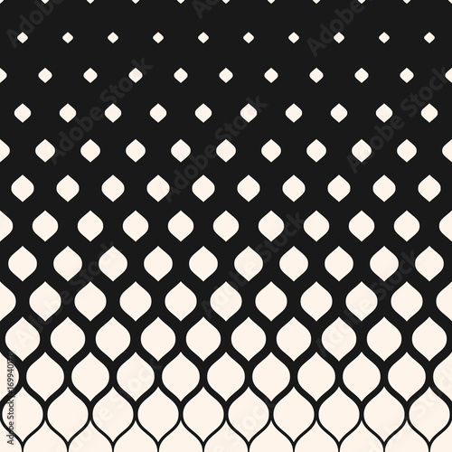 Vector halftone pattern, monochrome geometric texture, visual transition effect, vertical falling rounded shapes. Modern stylish abstract background. Design element for prints, decor, digital, covers