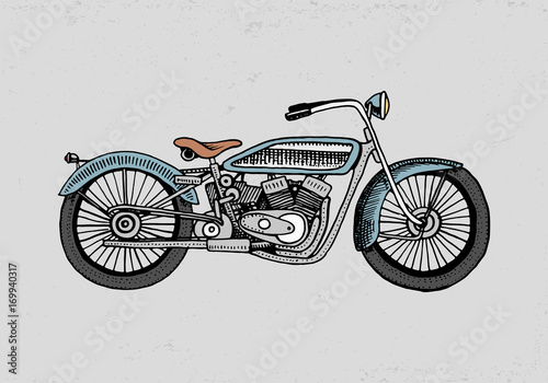 motorcycle or motorbike illustration. engraved hand drawn in old sketch style, vintage transport.