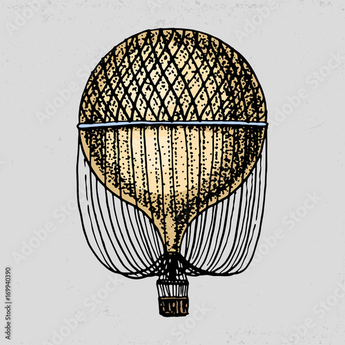 air balloon or aerostat illustration. For travel. engraved hand drawn in old sketch style, vintage transport.