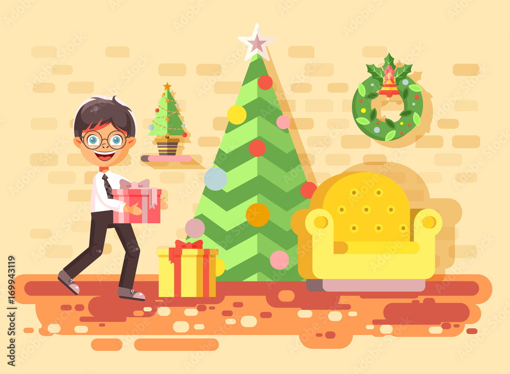 Vector illustration cartoon character child brunette boy, schoolboy bring gift in room with Christmas tree, happy New Year and Christmas, rejoice celebrate flat style element for motion design Vector illustration cartoon character child brunette boy, schoolboy bring gift in room with Christmas tree, happy New Year and Christmas, rejoice celebrate flat style element for motion design