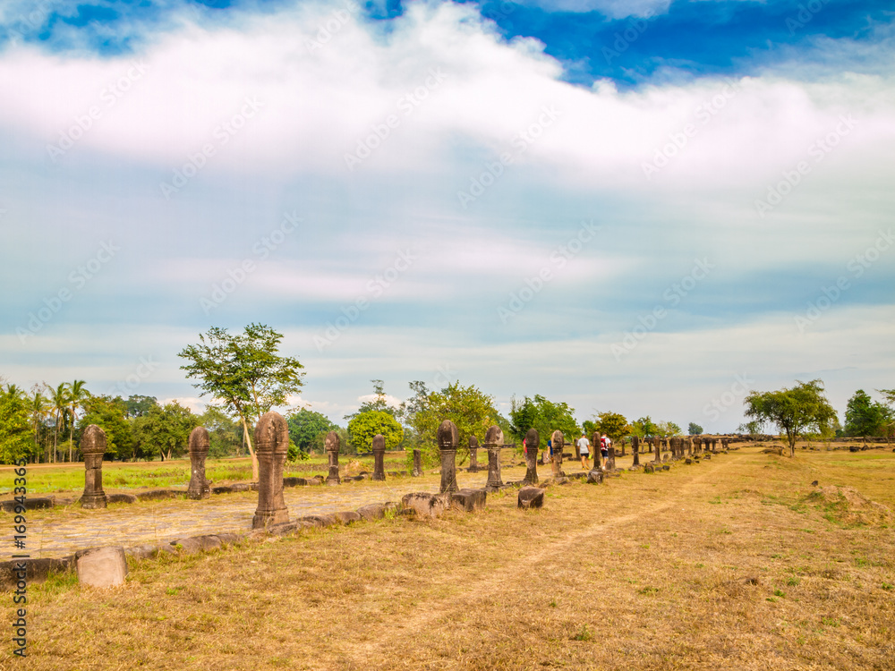 Fototapeta premium Approach road to Vat Phou, a ruined Khmer Hindu temple complex in southern Laos 