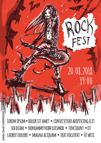 The poster for the rock festival of heavy metal music . A man with long hair playing the guitar. A crowd of fans showing devil horns gesture. Vector illustration.