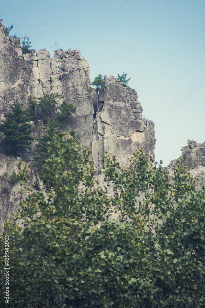 A close shot of Seneca Rocks in West Virginia, a popular spot for hiking and climbing.