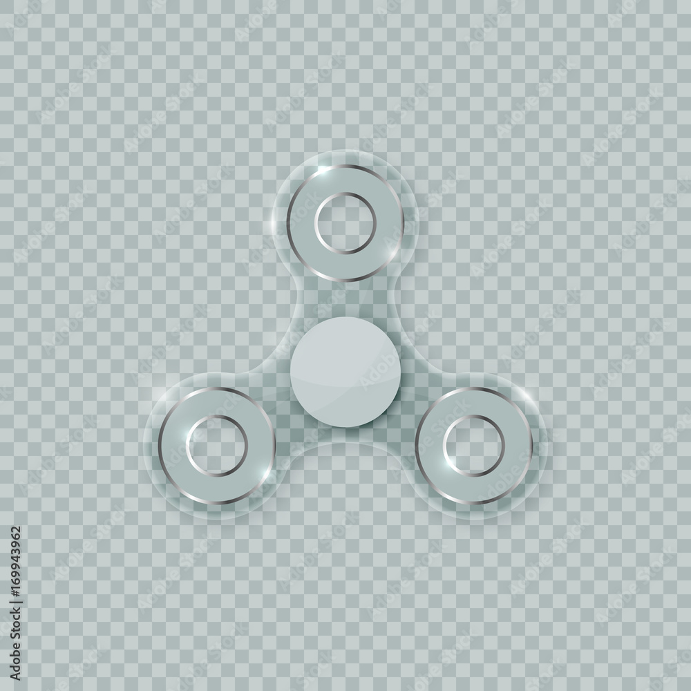 Realistic transparent fidget spinner stress relief toy. Shiny crystal clear spinner vector icon on checkered background.