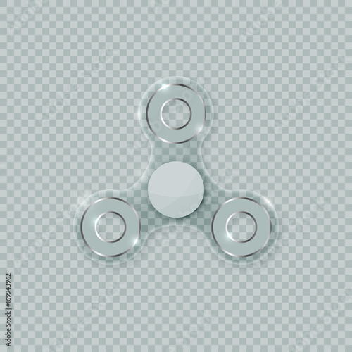 Realistic transparent fidget spinner stress relief toy. Shiny crystal clear spinner vector icon on checkered background.