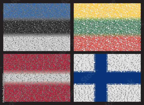 Set of 4 flags. Typography flags of Estonia, Lithuania, Latvia and Finland with text of national anthems. Conceptual vector image