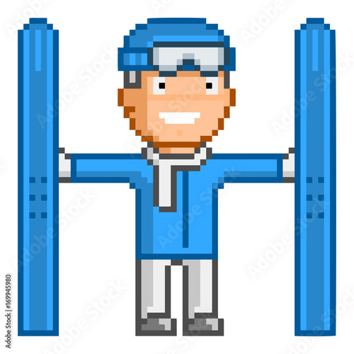 Vector retro 8-bit pixel skiing for design