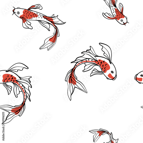 Seamless oriental pattern with Japanese carps koi. A symbol of good luck. Asian background, vector illustration. Natural fabric print design.