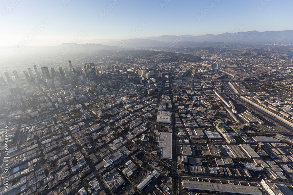 Aerial view above Alameda Street, Skid Row and the Arts District in downtown Los Angeles, California.