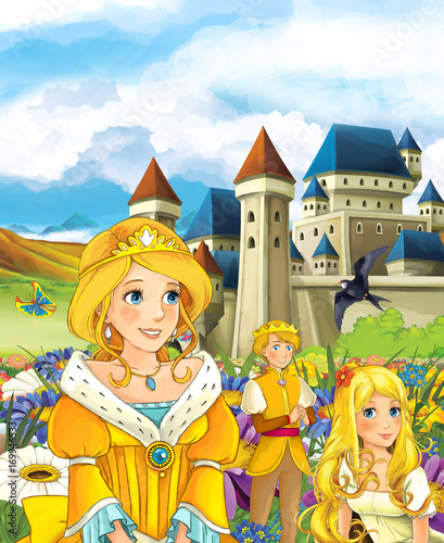 Cartoon fairy tale scene with a young princess on the meadow near the castle smiling and looking at cuckoo and prince - illustration for children