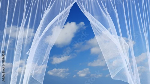 Combination of live footage and 3D CG animation of the sheer curtain moving with the blowing wind revealing a blue cloudy sky
