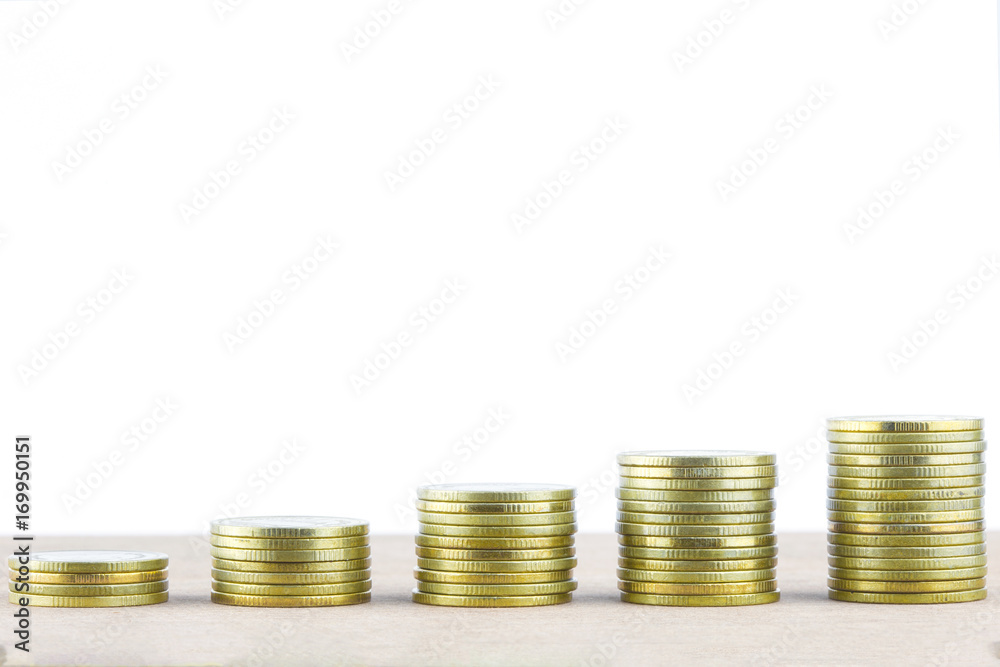 Gold coin sort conecept idea on wooden table isolated white background. Gold coin sort conecept idea on wooden table isolated white background.