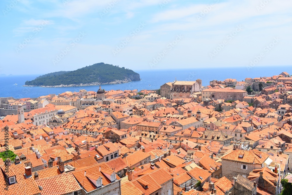 view on old town of dubrovnik from above island on background 