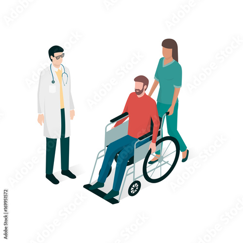 Doctor and nurse assisting a man on wheelchair