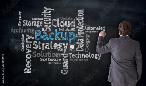 Bild auf Leinwand Businessman schreibt Backup Cloud auf Tafel Konzept