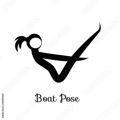 Boat Pose, Paripurna Navasana. Yoga Position. Vector Silhouette Illustration. Vector graphic design or logo element for spa center, studio, class, center, poster. Yoga retreat. Black. Isolated.