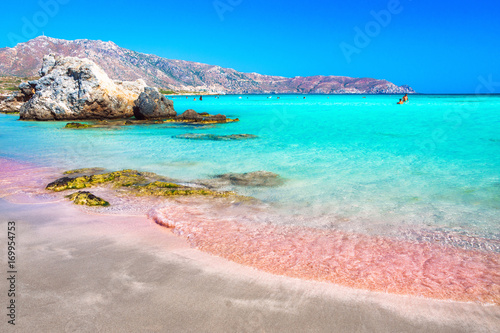 Fototapeta Naklejka Na Ścianę i Meble -  Tropical beach with turquoise water and red sand, in Elafonisi, Crete, Greece