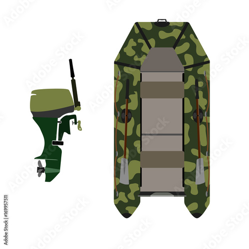 
Rubber boat. Color camouflage. Outboard motor. Isolate on white background.