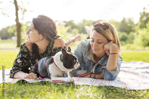 Two friends woman with terrier dog outside at the park photo