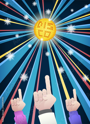 Disco party with hands of men group dance in retro clothes pointing fingers up, under gold mirror ball and colorful ray of light in cartoon style