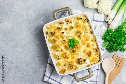 Принти на полотні Chicken cauliflower casserole with ingredients on concrete background