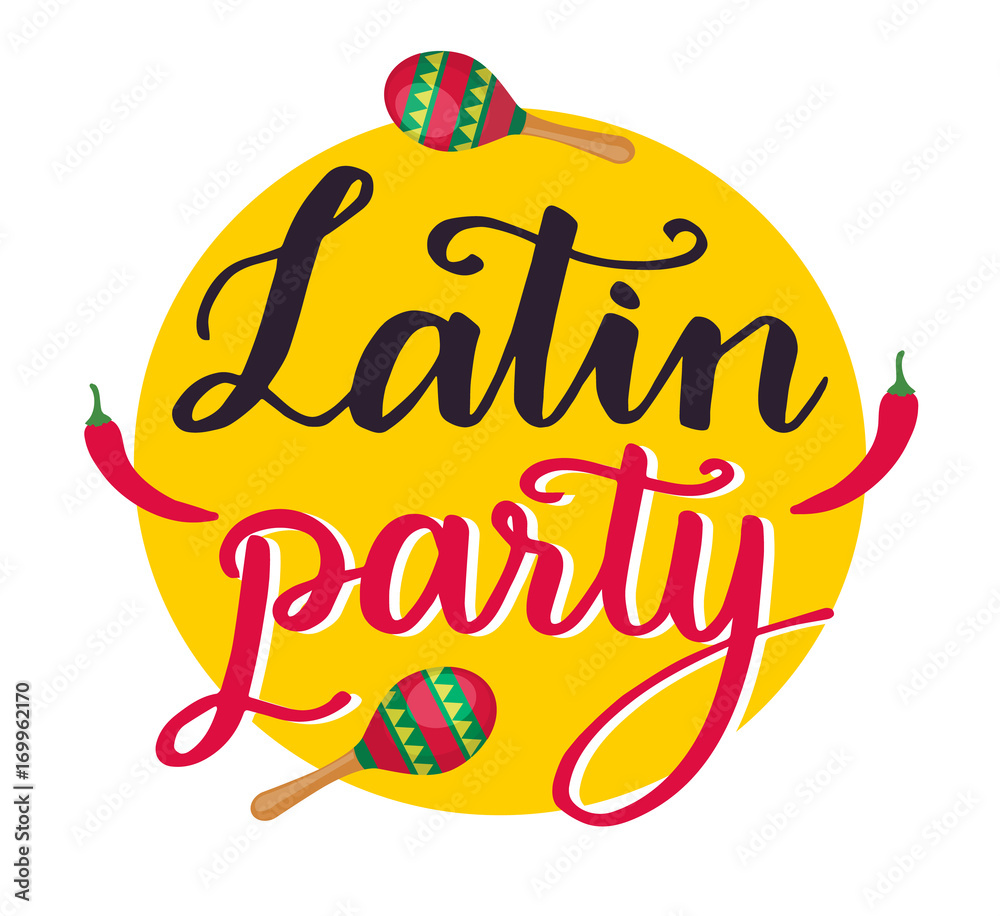 Fototapeta premium Latin party hand-drawn lettering with maracas and chilly pepper on yellow background for colorful latin dance party banner. Vector illustration
