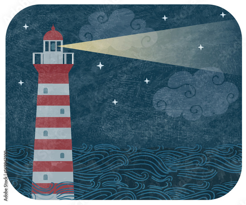 Vector vintage illustration with red and white lighthouse in the ocean in the night, with waves, and clouds