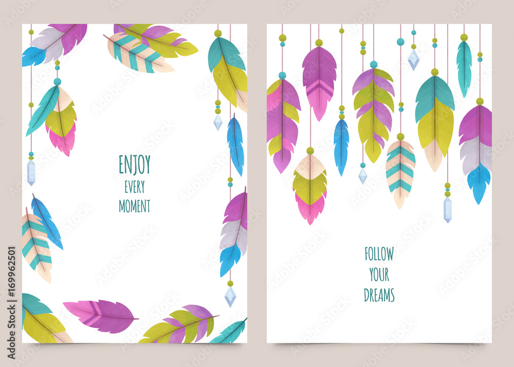 Set of two vertical banners with colorful feathers