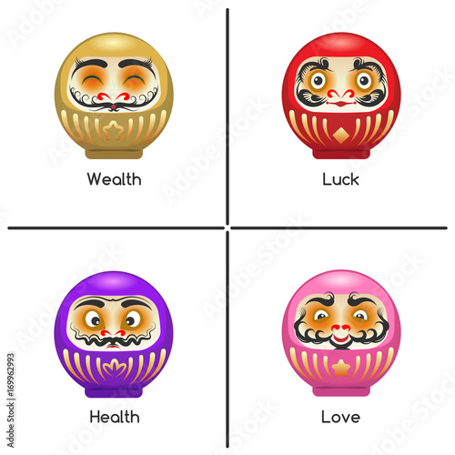 Happy daruma dolls set for healht, wealth, love, and luck, vector illustration