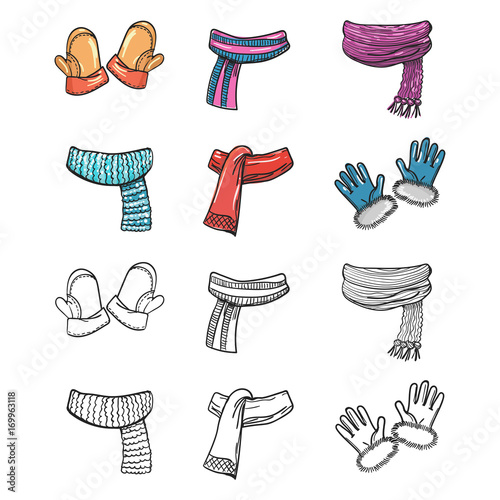 Mitten and gloves, scarves isolated on whitebackground. Vector illustration