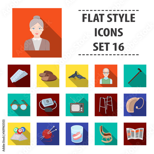 Armchair, slippers, tonometer and other attributes of old age.Old age set collection icons in flat style vector symbol stock illustration web.