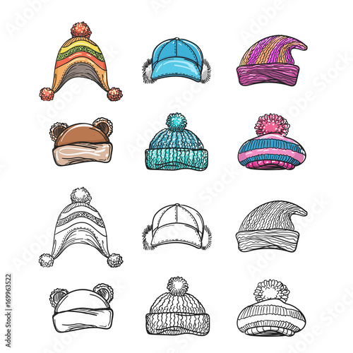 Sketch and colorful winter hat set isolated on white backgroud. Vector illustration