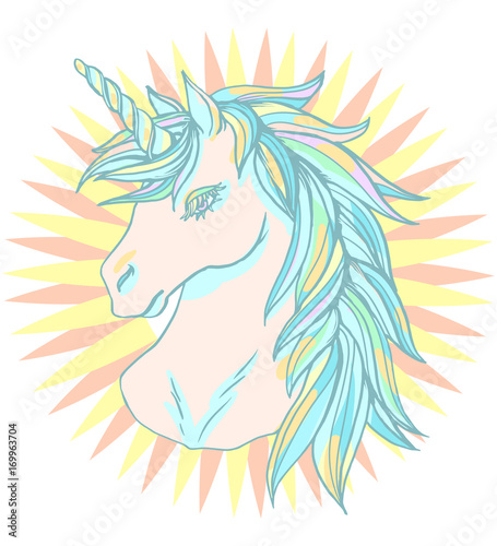 Realistic detailed hand drawn illustration of an unicorn head with mane and horn. Graphic tattoo style pastel color art of imaginary animal. Design for t-shirt, clothes, card print.