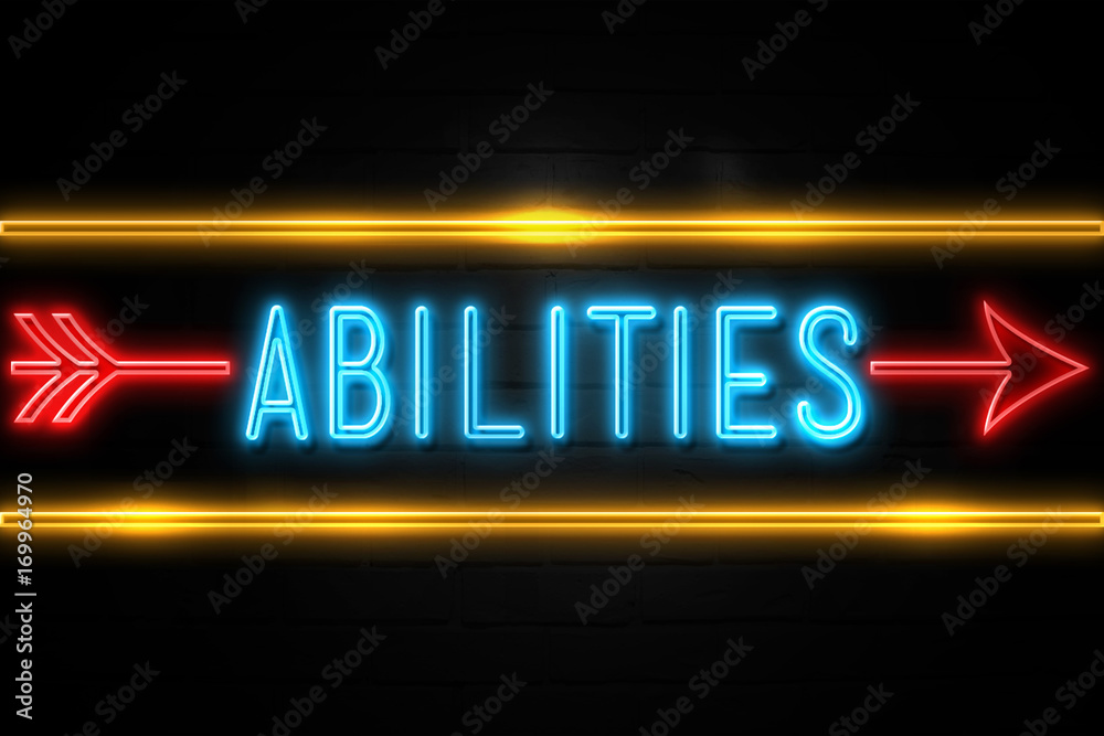 Abilities - fluorescent Neon Sign on brickwall Front view Abilities - fluorescent Neon Sign on brickwall Front view