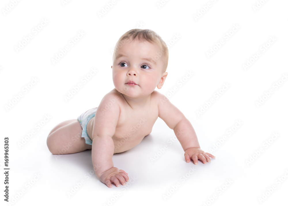 Sweet little girl on the floor of studio white background Sweet little girl on the floor of studio white background