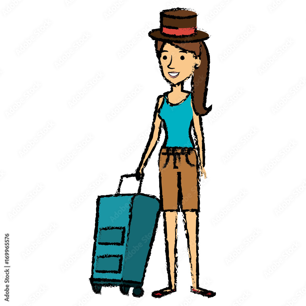 beautiful girl with suitcase and hat vector illustration design