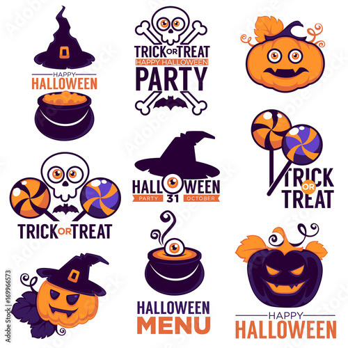 vector cartoon collection of bright logo, stickers and icons with lettering composition for your Halloween party