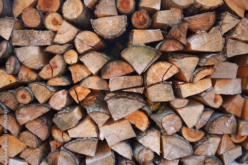 Close up of wooden background of fire woods. Autumn season texture.