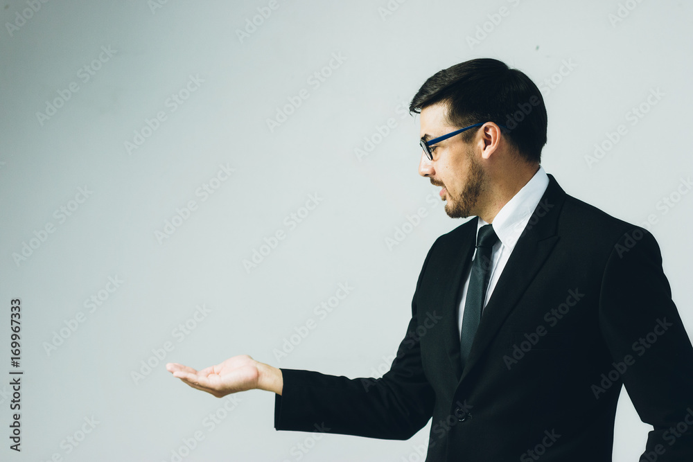 Business man with empty hand on white background. Business man with empty hand on white background.