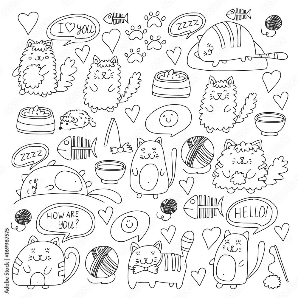 Cute doodle cats, kitty Domestic cats Vector sets with cute kittens for pet shop, cattery, veterinary clinic Doodle pattern for banner, poster, textile Children kids drawing for kindergarten